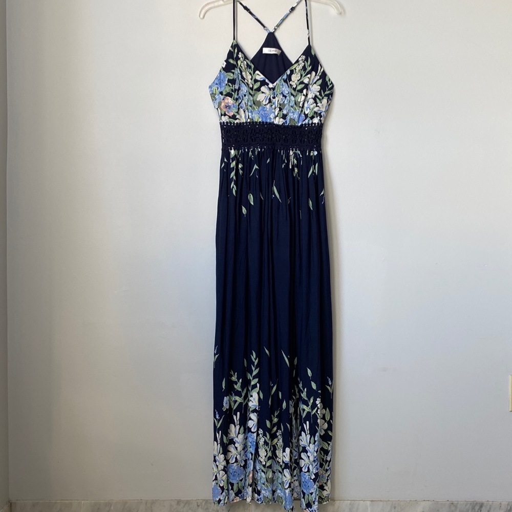 Maxi dress, navy blue with flowers with see through macrame lace under bust.